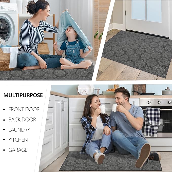 FONEYI Indoor Door Mat, Entrance Rug 24" x 36" Non-Slip Rubber Backing, Machine Washable Entry Rug, Low Profile Absorbent Dirt Trapper Doormat Inside Floor Mats for Entryway, Grey