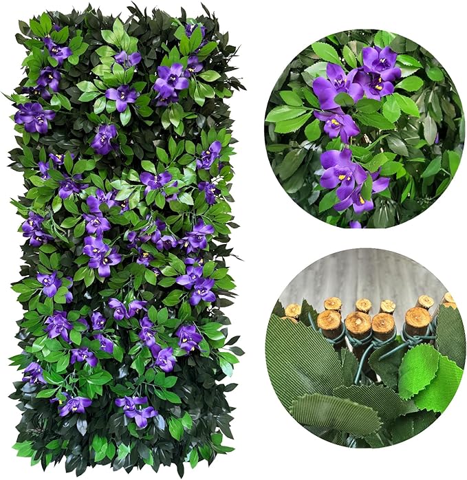 Sumery Expandable Fence Privacy Screen for Balcony Patio Outdoor,Decorative Faux Ivy Fencing Panel,Artificial Hedges (Single Sided Leaves) (4, Branches -Purple Fowers)