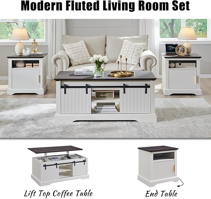 22" Large Fluted Nightstand with Charging Station, Modern End Table, Wood Side Table w/Open Shelf & Spacious Tabletop, Bedside Table with Storage Space for Bedroom, Living Room-White