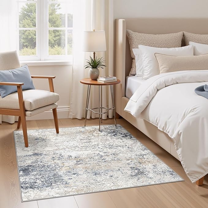 Square Area Rug Living Room Rugs - 5x5 Washable Large Soft Indoor Neutral Modern Abstract Low Pile Rug Carpet for Bedroom Dining Room Farmhouse Home Office - Beige Blue