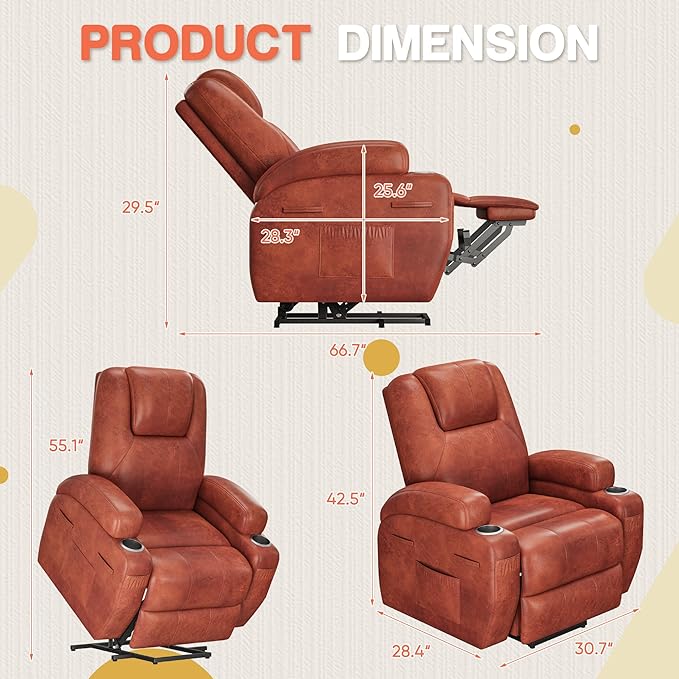 Furmax Electric Power Lift Recliner Chair with Massage for Elderly Corduroy Fabric Recliner Single Sofa with Cup Holders, Side Pockets and Remote Control for Living Room Bedroom (Leathaire, Brown)