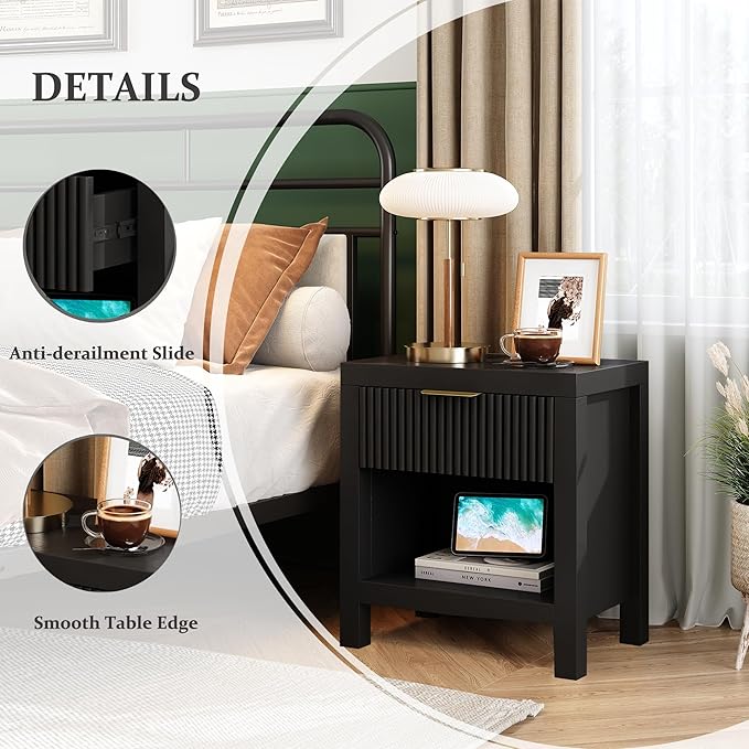 Nightstand Set of 2, Bed Side Table with Storage, Farmhouse End Table with 2 Drawers, Fluted Cabinet Bedside Cabinet for Bedroom Living Room Sofa Couch Office, Black Oak