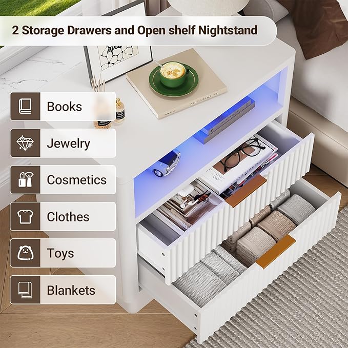 ELYKEN White LED Nightstand with Charging Station, Fluted 24" Wide Bedside Table with 2 Drawers Wood End Table with USB & Type-C Port for Bedroom