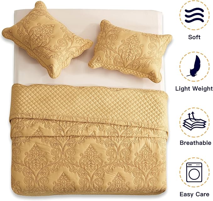 CHIXIN Bedspread Coverlet Quilt Set Full Size - Lightweight Bedding Cover - Beautiful Stitching - 5 Piece Reversible Bedspread - Luxury Damask Paisley Pattern (Full, Honey-Gold)