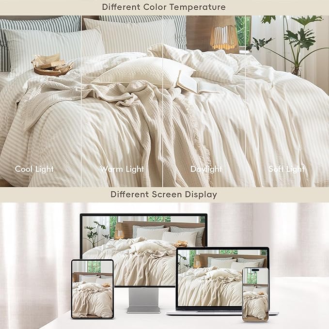 MooMee Striped Duvet Cover Set 100% Washed Cotton Linen Like Textured Breathable Durable Soft Comfy (Almond Milk Grey Classic Stripes, Twin 68"x90")