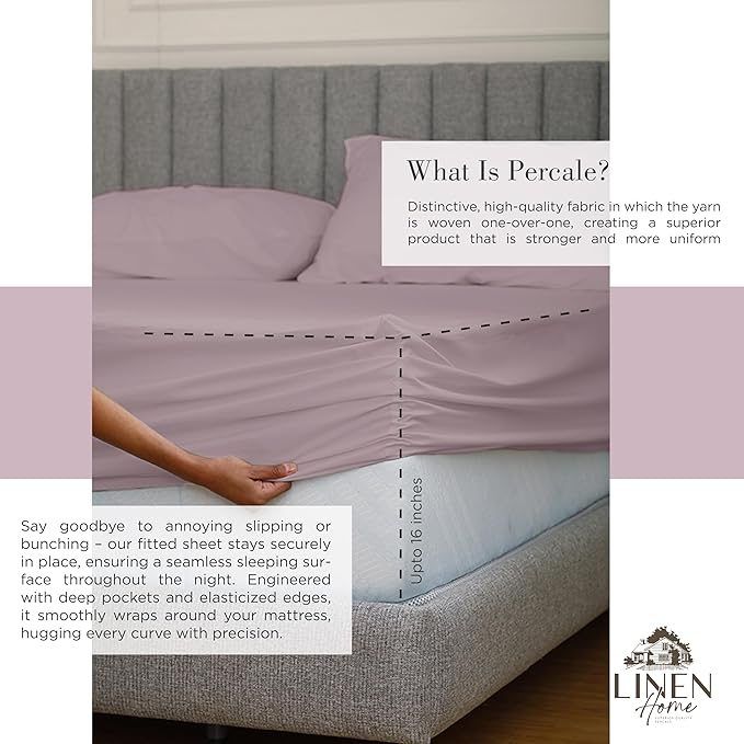 Linen Home 100% Cotton Percale Sheets Twin Size,Mauve Lavender, Deep Pocket, 3 Pieces Set - 1 Flat, 1 Deep Pocket Fitted Sheet and 1 Pillowcase, Crisp Cool and Strong Bed Linen