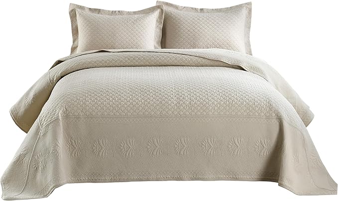 MarCielo 3-Piece 100% Cotton Oversized Bedspread Lightweight Quilt Coverlet Embroidery Farmhouse Bedding Set (TM Khaki Beige, Oversized Queen (100"x106"))