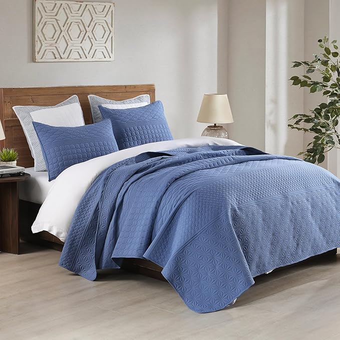 HORIMOTE HOME Denim Blue Twin Size Quilt Set - Soft Microfiber Bedspread with 1 Sham, Lightweight & All-Season Geometric Coverlet for Cozy Bedding