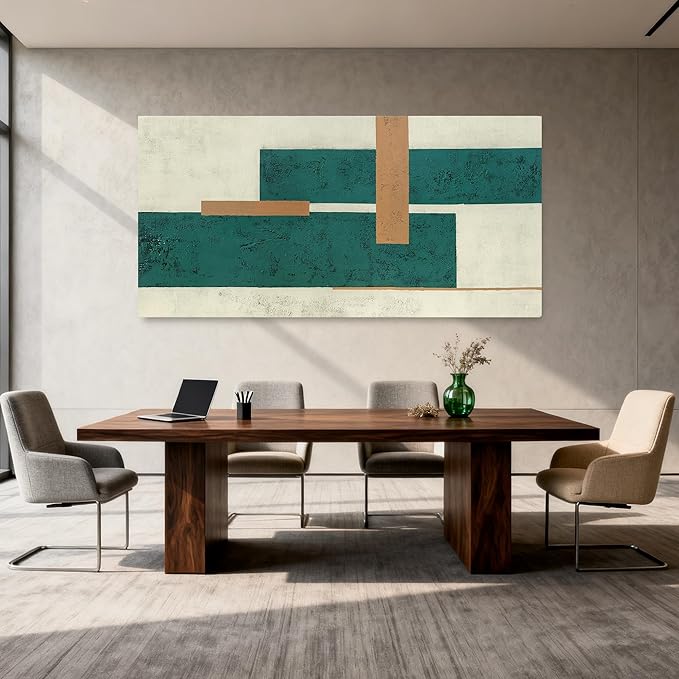 YETHEN WAL Teal Green Abstract Canvas Wall Art Geometric Textured Wall Decor Minimalist Modern Rectangular Art for Living Room Bedroom Office 24x48 Inch