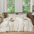 MooMee Striped Duvet Cover Set 100% Washed Cotton Linen Like Textured Breathable Durable Soft Comfy (Almond Milk Grey Pinstripes, Cal King 104"x98")