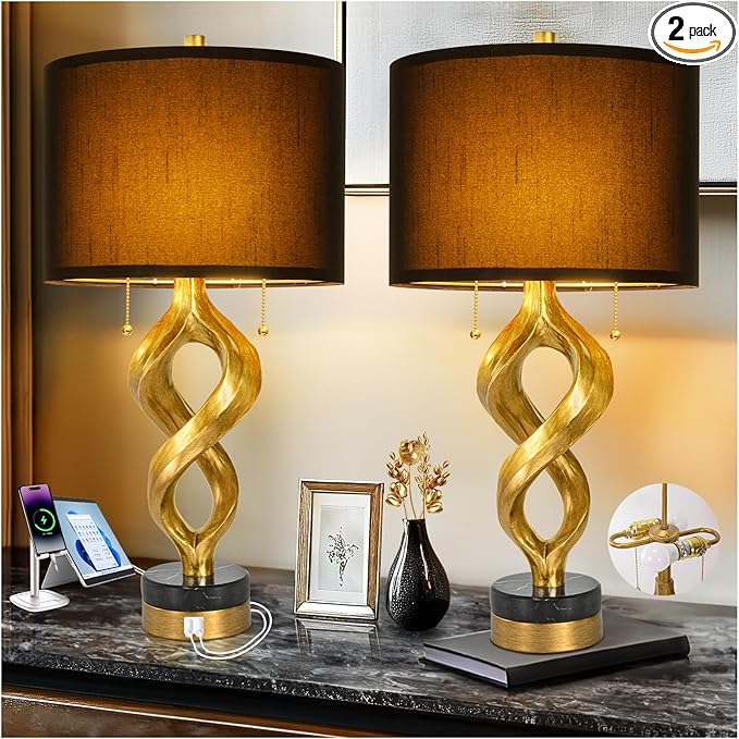 Sculptural Table Lamp Set of 2 for Bedroom, 26” Gold Leaf Farmhouse Bedside Lamps for Living Room, Pull Chains Switch Rustic Nightstand Lamp Marble Base with USB for Home Room Decor (Bulbs Included)