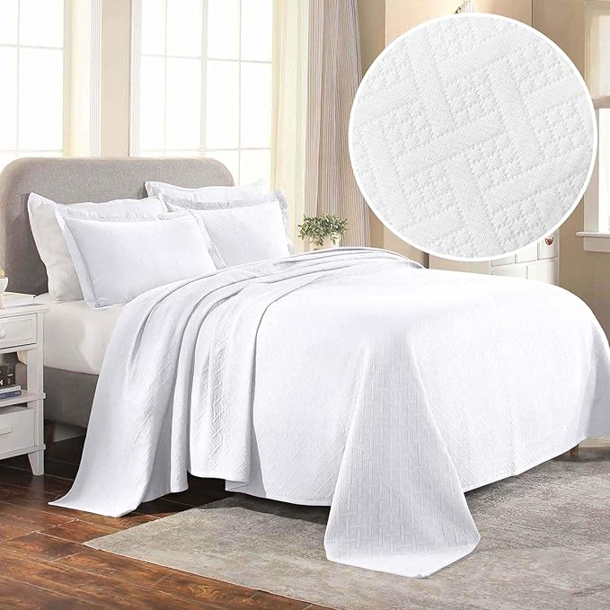 Superior 100% Cotton Basket Weave Bedspread with Shams, All-Season Premium Cotton Matelasse Jacquard Bedding, Quilted-Look Geometric Basket, King, White