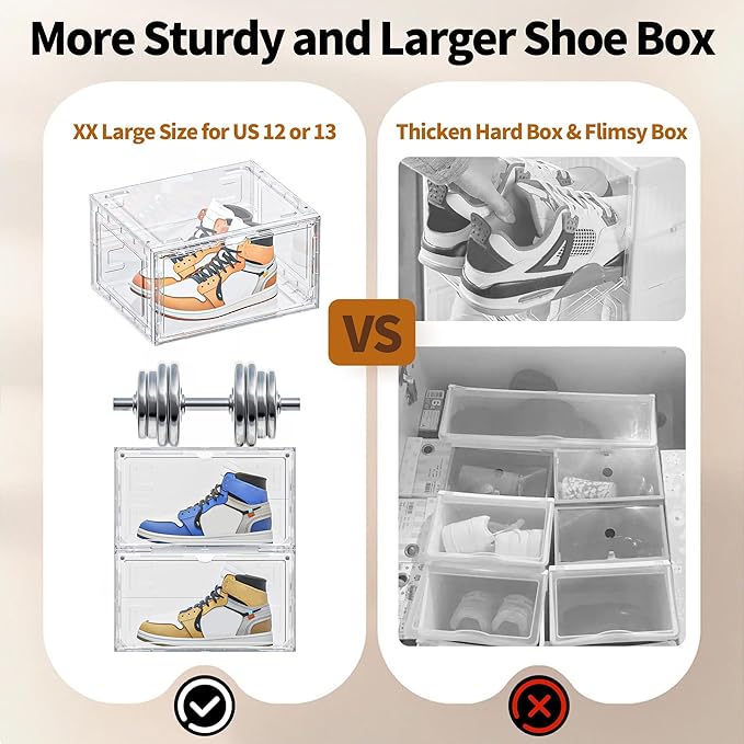 12 Pack XX Large Shoe Organizer, Heavy-Duty Hard Thicken Plastic Clear Stackable Shoe Storage Box Organizer for Closet, Space-Saving Shoe Rack Display Case Bin Containers for Sneakers, Clear