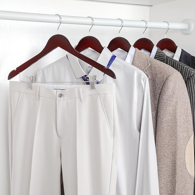 TOPIA HANGER Wooden Suit Hangers with Adjustable Metal Clips (10 Pack), Solid Wood Clothes Hangers, 360° Swivel Hook, Premium Pants Hangers for Clothes Coat, Jeans, Blouse- Cherry CT28M