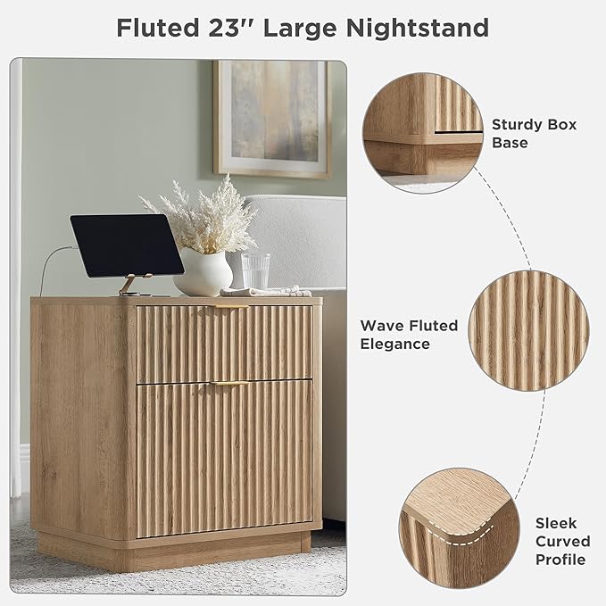 T4TREAM 23'' Fluted Nightstand Set of 2 with Charging Station, Large 2 Drawer Bedside Table, Modern End Table with Storage, Mid Century Night Stand for Bedroom Living Room, Curved Profile, Natural Oak