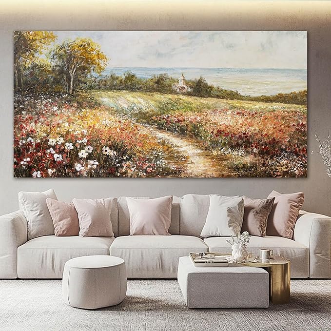 YETHEN WAL Floral Country Meadow Canvas Wall Art – Extra Large Cottage Landscape Panoramic Print, Rustic Farmhouse Countryside Décor for Living Room Bedroom, 29×58 Inch