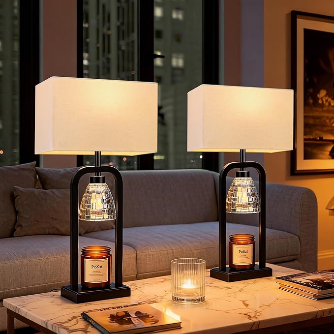 PoKat Table Lamps with Candle Warmer & Timer for Bedroom, Modern Bedside Lamps Set of 2 for Night Stands, 21.5'' Bedroom Lamps Decor for Living Room, Side Table, Hallway, Bulbs Included, Matte Black