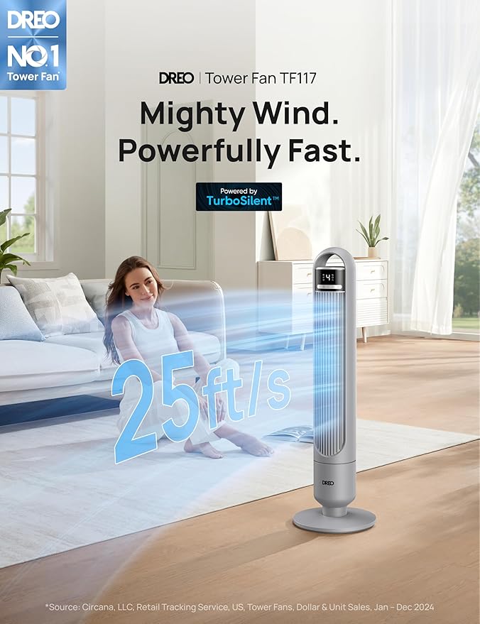 Dreo Tower Fan for Bedroom, 4 Speeds, 3 Modes Standing Fans for Room with 90° wide Oscillating, 28dB Quiet for Sleep, 25ft/s Velocity, 29ft Coverage, 8H Timer, Remote, Living Room, Office, Home, Grey