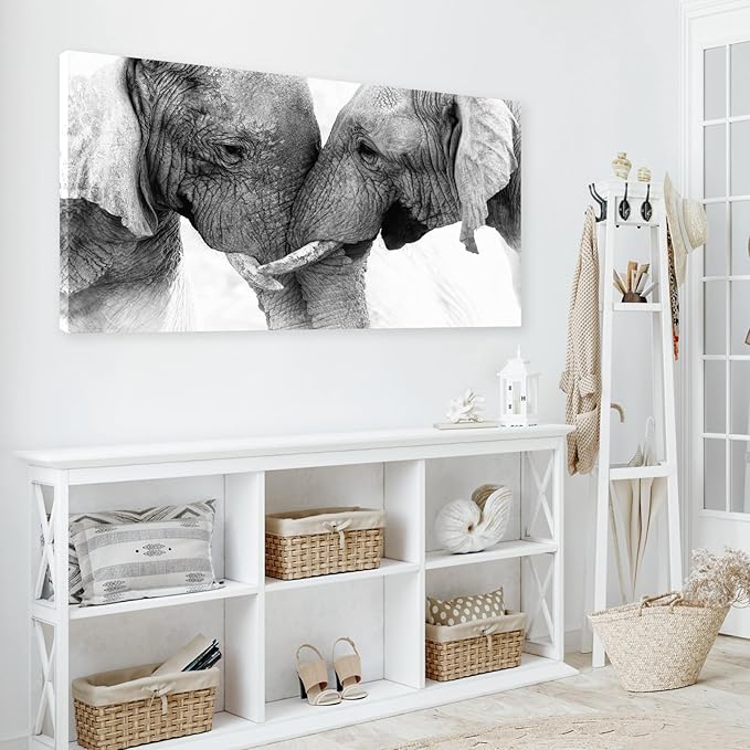 DZL Art D73098 Black and White Elephants Entwine Wall Art Canvas Painting Ready to Hang for Living Room Bedroom Office Wall Decor Home Decoration