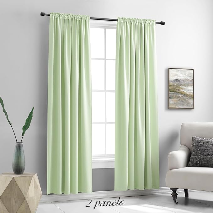 DONREN 90 inch Length Room Darkening Curtain Panels for Living Room - Energy Efficient Blackout Bedroom Curtains Thermal Insulated Rod Pocket,Light Green,52 x 90 inch Set of 2 Panels