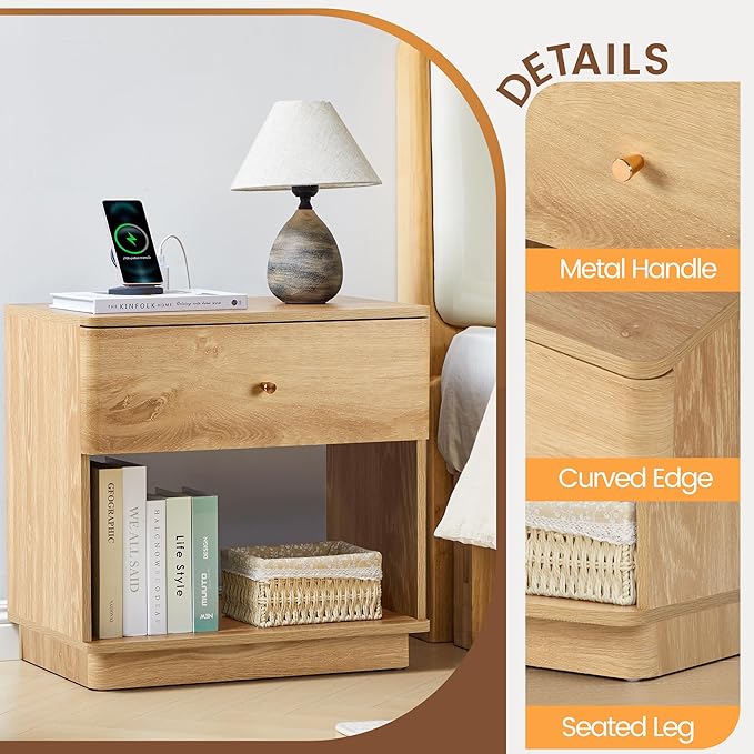 Narrow Nightstand Set of 2, Wooden Small 2 Drawer Nightstand, Slim Side End Table, Skinny Bedside Table, Mid Century Modern Night Stand with Drawers, for Living Room (Natural-Charging Station-1 pc)