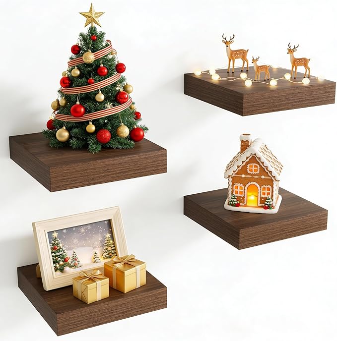 Axeman Square Floating Shelves for Wall, 8" W x 8" D x 1.4" H Rustic Wooden Wall Shelves, 4 Pack Wall Mounted Floating Shelf with Invisible Brackets for Living Room, Bathroom, Kitchen, Walnut Color