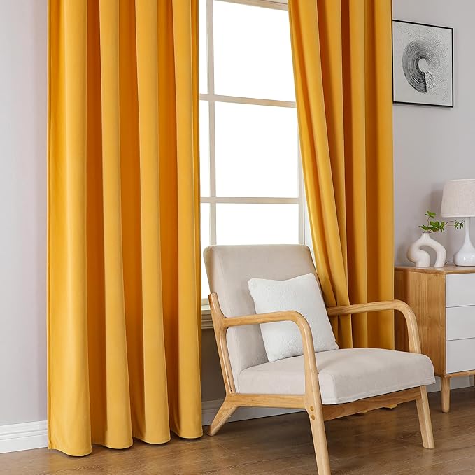 Joydeco Yellow Velvet Curtains 120 inch Length 2 Panels, Luxury Blackout Rod Pocket Thermal Insulated Window Curtains, Super Soft Room Darkening Drapes for Living Dining Room Bedroom,W52 x L120 inches