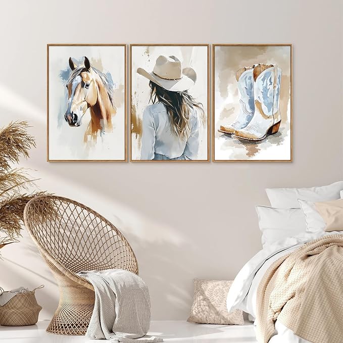 YeeHomedec Large Western Cowgirl Posters Framed Canvas Wall Art Set, Blue and White Horse Wall Decor, Glam Rodeo Boots Art Print, Vintage Country Hat Artwork for Living Room Bedroom Dorm 16"x24"x3