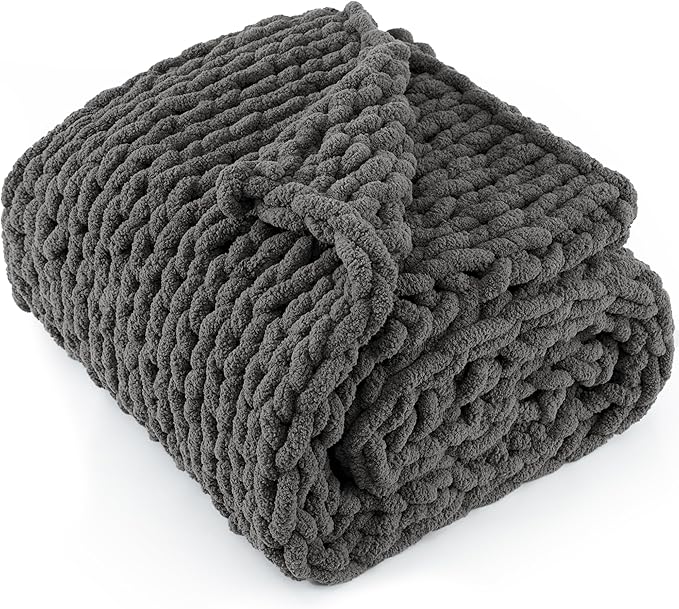 Chunky Knit Throw Blanket 50"X 60", 100% Handmade with Soft Chenille Yarn, 4.4lbs Thick Cable Knitted Blankets, Large Rope Knot Crochet Throws for Couch Sofa Bed Home Decor, Dark Grey