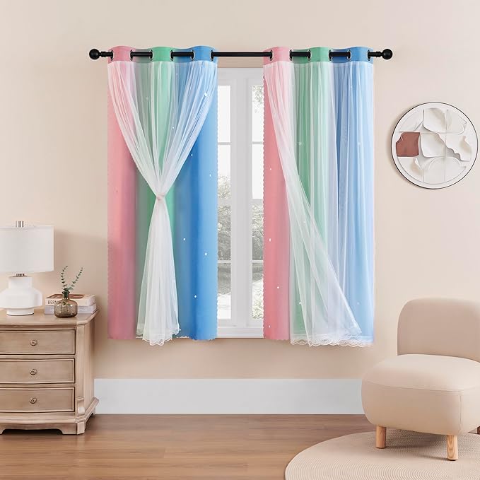 XiDi Curtains for Bedroom Decor, Rainbow Pink GreenBlue34/54/1