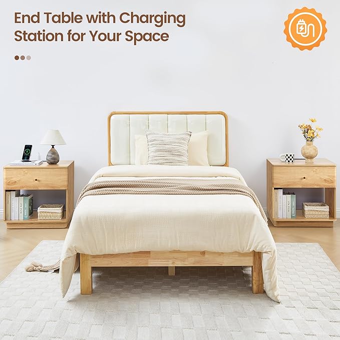 Narrow Nightstand Set of 2, Wooden Small 2 Drawer Nightstand, Slim Side End Table, Skinny Bedside Table, Mid Century Modern Night Stand with Drawers, for Living Room (Natural-Charging Station-1 pc)