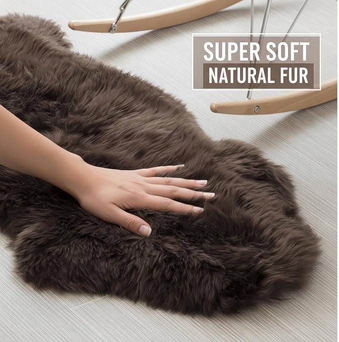 Genuine Dark Brown Sheepskin Rug 2x3 ft, Real Fluffy Single Pelt Fur Accent Rug for Chair, Seat Cover, Nursery & Home Decor, Natural & Soft Shaggy Throw