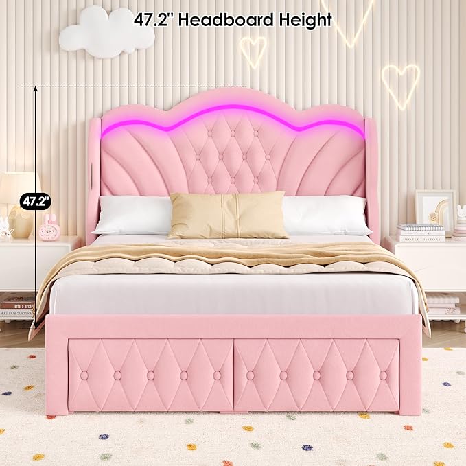Keyluv Queen Bed Frame with LED Lights and 2 Storage Drawers, Velvet Upholstered Platform with 47" Tall Arc-Shaped Wingback Headboard and Button Tufted Design, No Box Spring Needed, Noise-Free, Pink