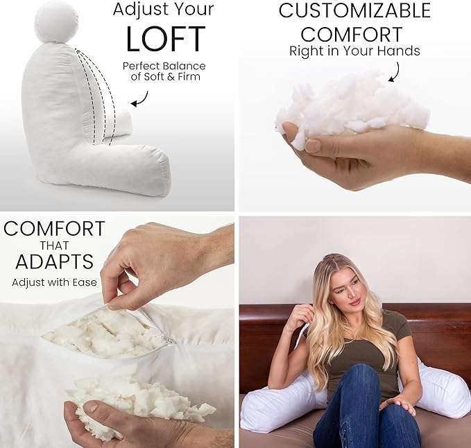 Husband Pillow White, Original Reading Pillow in Bed Rest Chair, Shredded Memory Foam Large Lounge Cushion Adult Backrest with Arms, Comfy Back Support for Sit Sitting Up, Washable/Removable Cover