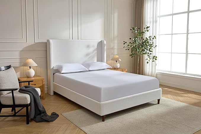 California King Size Upholstered Bed Frame, Platform Bed Frames with 54" Tall Headboard Wingback, Strong Wood Slats Support/No Box Spring Needed/Elegant Simplicity/No Noise, Cream White Chenille