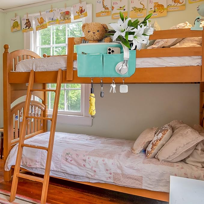Bedside Storage Organizer 5 Pockets with 4 Hooks Hanging Storage Bag for Headboards/Bunk Bed (Light Green)
