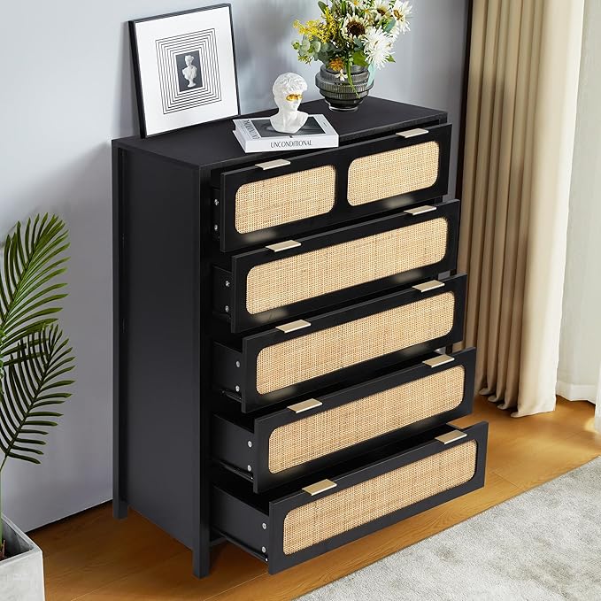 LEVNARY 5 Drawer Chest Dresser, Rattan Tall Dresser 5 Chest of Drawers Dressers for Bedroom, Wooden Storage Cane Cabinet with Metal Handles for Living Room Hallway (Black)