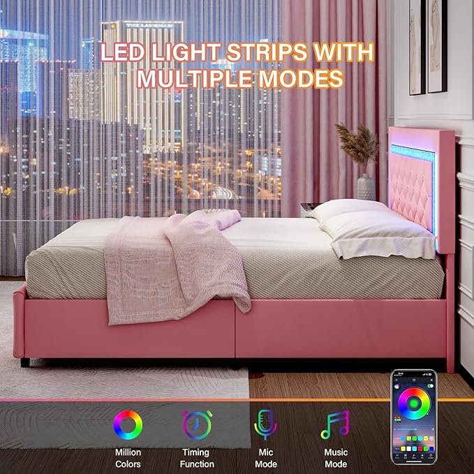 Pink King Size Bed Frame with LED Lights, Upholstered Platform Bed with Diamond Tufted Headboard, Princess Bed Frame with Storage Drawers, Wooden Slats Support, No Box Spring Needed, Easy Assembly