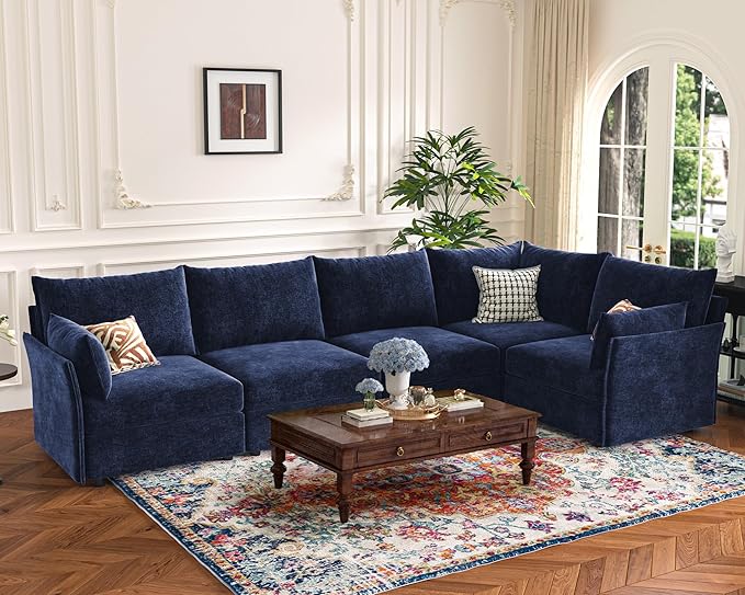 ABCASA 135.5" Oversized Modular Sectional Sofa, L Shaped Convertible Couch with Movable Ottoman, 5 Seat Corner Couches for Living Room Deep Seat Blue Chenille
