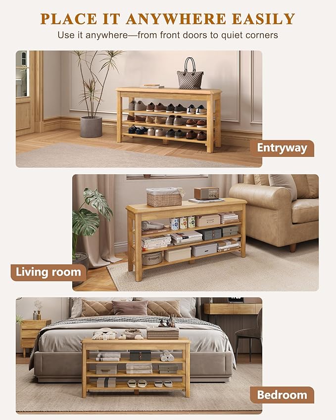 Shoe Rack Bench Seat Rubberwood 3-Tier Wooden Storage Bench 550lbs Compact Mid-Century Modern Design for Entryway, Hallway, Closet, Front Door Entrance, Foyer