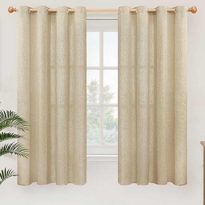 YoungsTex Grommet Linen Curtains 63 Inch Length 2 Panels for Living Room, Burlap Light Filtering Drapes No See Through for Bedroom Farmhouse, 52 X 63 Inch