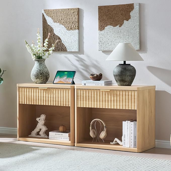 LEYAOYAO 31" Wide Fluted Nightstand with Charging Station, Oversized Extra Large 1 Drawer Night Stand with Golden Handle, Natural Wood Bedside Table Tall End Tables,for Bedroom, Living Room, Hallway