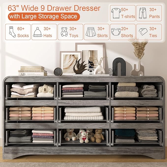 Grey Dresser for Bedroom with 9 Drawers, 63" Large Modern Dressers & Chest of Drawers with Curved Profile Design, Wood Closet Clothes Storage Long Dressers Organizer for Bedroom Living Room Hallway