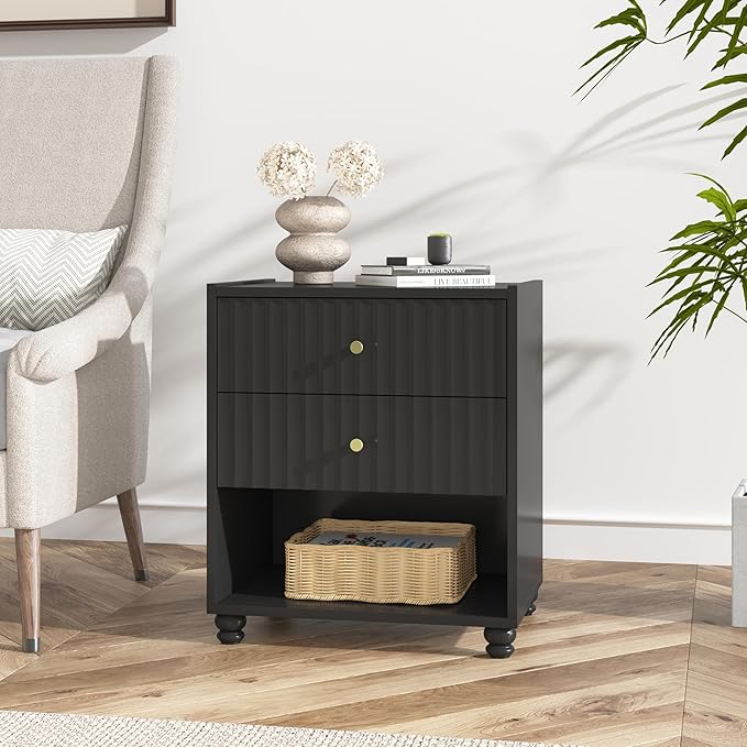 Modern Nightstand, Fluted End Table with 2 Drawers, Nightstand with Open Shelf for Bedroom (2, Black)