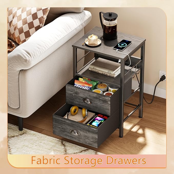 Furologee Nightstand with Charging Station, Night Stand with 2 Fabric Drawers, Side Table with USB Ports, End Table with Storage Shelf, for Living Room/Bedroom, Grey