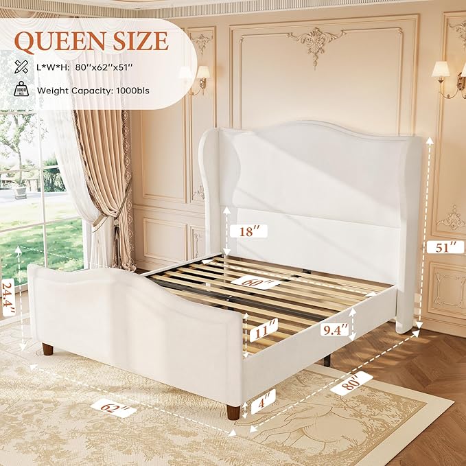 koorlian Queen Bed Frame Chenille Fully Upholstered Bed with Headboard and Footboard, 51" High Deep Tufted Wingback Sleigh Upholstered Platform Bed, Modern Retro Minimalist Style, Easy Assembly, Cream