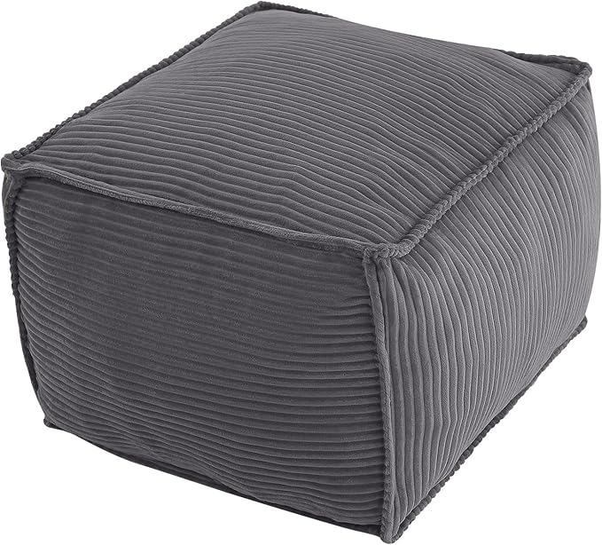 MeMoreCool Square Stuffed Pouf Ottoman Foot Rest, Corduroy Floor Pouf Foot Stool with Foam Chunk Filling, Soft Stuffed Ottoman Footrest for Living Room, Dark Grey