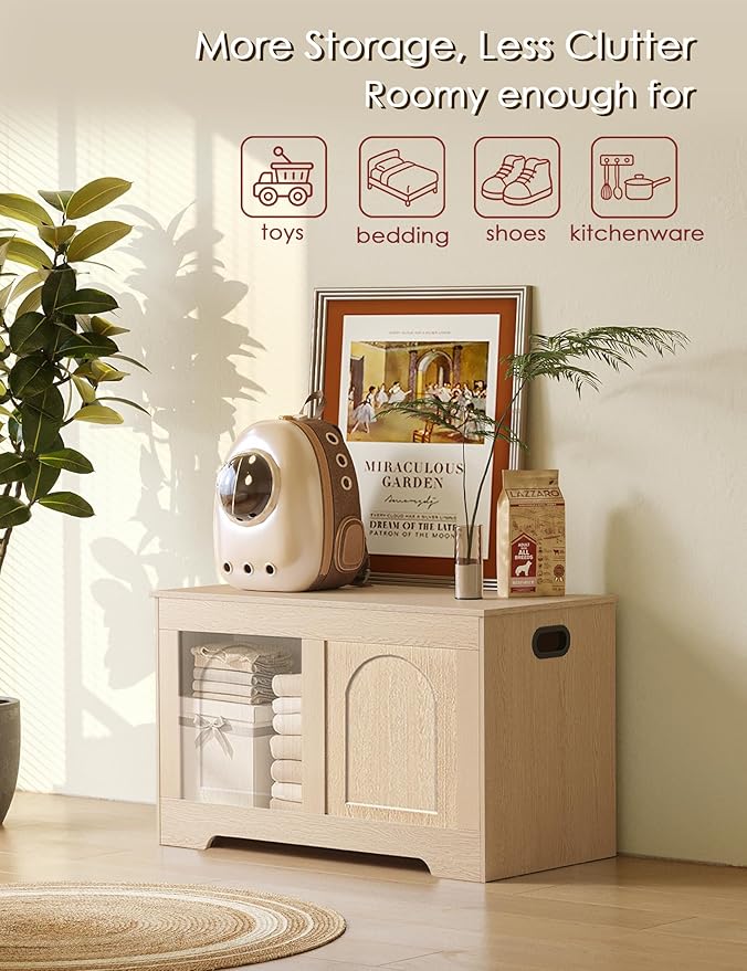 DINZI LVJ Storage Chest, 31.5”Wooden Toy Box with 2 Safety Hinges, Entryway Storage Bench with Flip-Top, Sturdy Storage Trunk for Living Room, Bedroom, Easy Assembly, Natural