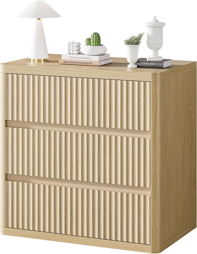 Fluted Nightstand with 3 Drawers, Wood Night Stand with Storage， 25" Wide Bedside Table, Modern Side Table for Bedroom, End Table for Living Room, Handleless Design, Curved Profile, Natural Oak 1PC