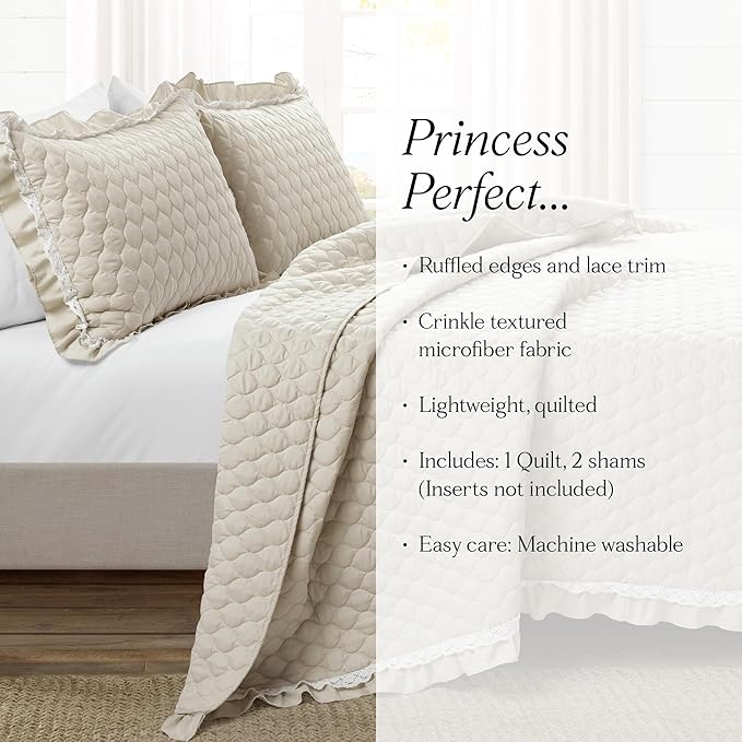Lush Decor Ella Ruffle Lace Quilt, 3 Piece Set, King, Neutral, Cute Quilt - King Bedding Set - Beige Bedding - Coquette Decor - Neutral Ruffle Trim - Beige Lace Trim